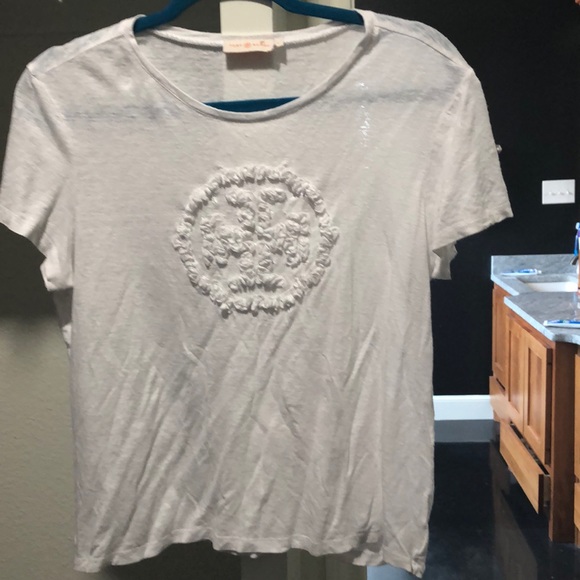 Tory Burch Tops - Tory Burch 100% linen white tee logo l